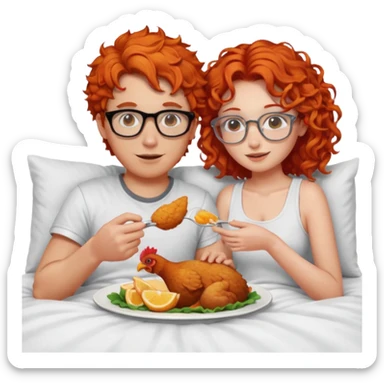 A guy with curly orange hair, feeding chicken tenders to a girl with red hair and glasses in bed sticker