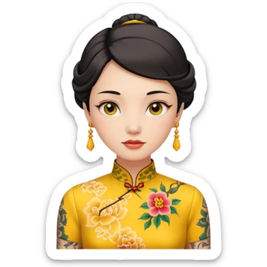 ancient woman with tatooed on neck and yellow cheongsam sticker