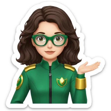 green power ranger, white Australian female with fair skin, dark long brown wavy hair with side parting, glasses, thinking pose, gentle smile sticker