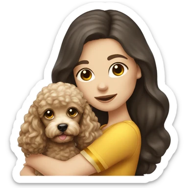 white girl with long dark hair, with blue eyes and holding a golden toy poodle  sticker