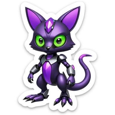 Futuristic modern mechanical badass cool shiny metallic alloy black-obsidian purple neon-green white lime animal hybrid Fakemon full body sticker