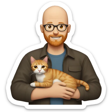 Bald man with ginger beard and glasses holding a brown tabby cat  sticker