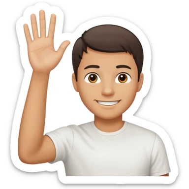 joven bronceado medio pelon oscuro muy cortito polera blanca sonrisa bonita saludando mano arriba sticker