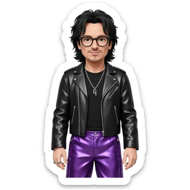 Bono with long black hair, black shirt, black metallic jacket, purple metallic baggy pants, sliver necklace, black glasses sticker