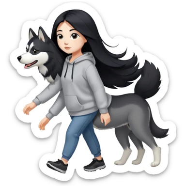 A girl with long black hair wearing a sweatshirt walks a black and white husky sticker