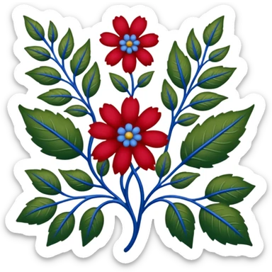 dull green leaves & red & blue flowers filigree design, extremely detailed, complex design sticker