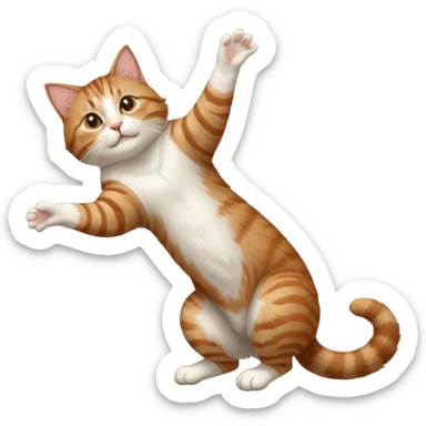 brown tabby and white cat with doing a big extremely long stretch reaching up into the air with arms and legs side by side together straight and overextended whilst lying on its side sticker