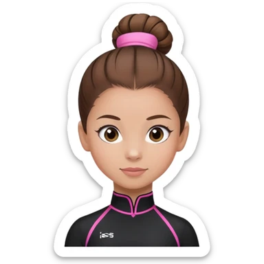 A female gymnast with brown hair in a neat bun, wearing a black uniform with pink elements. sticker