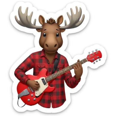  A man with the head of a moose playing a red electric guitar in Alaska. Give him a dark vibe and an attitude sticker