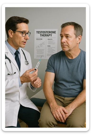 a doctor in a white coat prepares a syringe labeled “Testosterone” while a middle-aged man sits calmly on the examination table, sleeve rolled up and looking slightly apprehensive but trusting. The doctor explains the procedure, and a medical chart about testosterone therapy is visible in the background. The mood is professional and reassuring. sticker