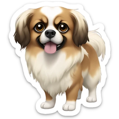 Tibetan spaniel, with a brown face, large black eyes, and floppy ears. Its body is mostly white with brown patches, and it has soft, medium-length fur. The tail curls upwards, covered in feathery fur, giving it a curious and alert look. sticker