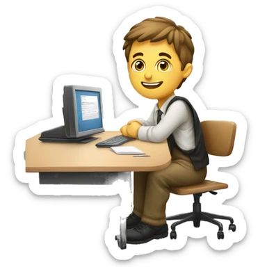 European schoolboy sitting at desk,  computer on desk sticker