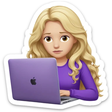 lady with long blonde wavy hair, purple top throwing her with a laptop looking tired sticker