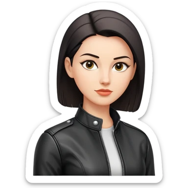 woman with oval-shaped flat-top head wearing a tight-fitting elbow-length black leather jacket sticker