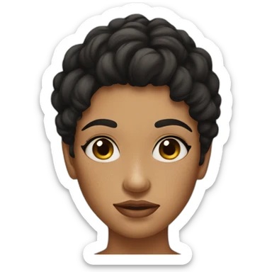 young woman black mid hair, freckles and tired sticker