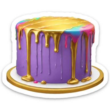 Realistic isolated colorful cake with metallic gold icing dripping from top and all down along the cake sticker