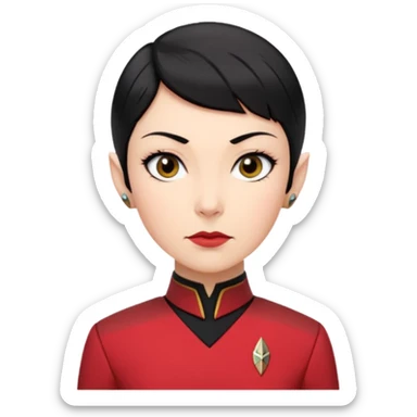 female Vulcan with short black hair and small pointy ears in Starfleet red uniform (Star Trek) no green face sticker