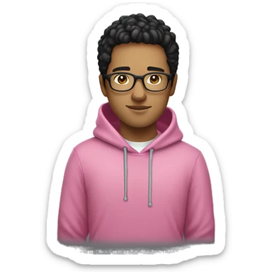 young white guy with short black hair and rounded silver glasses with a pink hoodie on sticker