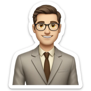 Pale skinned fit man with dark brown hair in gray jacket, beige office shirt, brown tie, brown pants and vintage glasses Writing on the flipchart sticker
