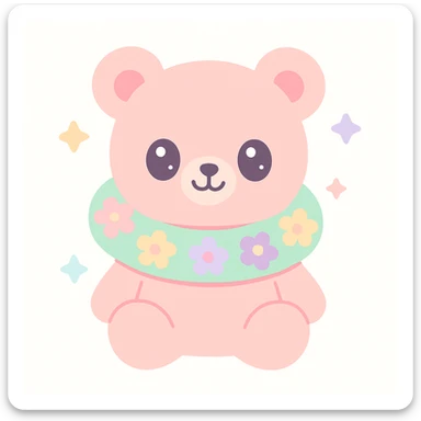pink teddy bear wearing a floral neck pillow, cute and friendly, simple background sticker