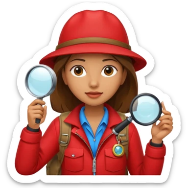 Explorer woman with red jacket backpack and magnifying glass sticker