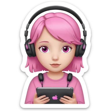 Little girl with headphones when pink eyes and pink iPad and pink dreamy background sticker
