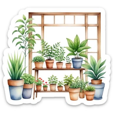 A cozy indoor garden scene with an assortment of potted plants, painted in a delicate and natural watercolor style. sticker
