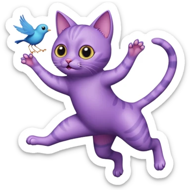 funny purple cat jumping after a fly more thin cat, more stylised cat less realistic add pick bird  sticker
