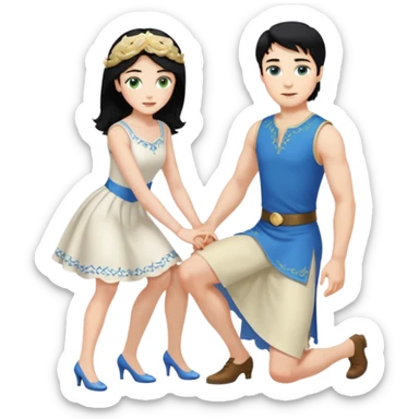 prince, upright, black Hair, blue eyes, Woman, blonde Hair, Green eyes, bending knee, sleveless White Dress, sticker