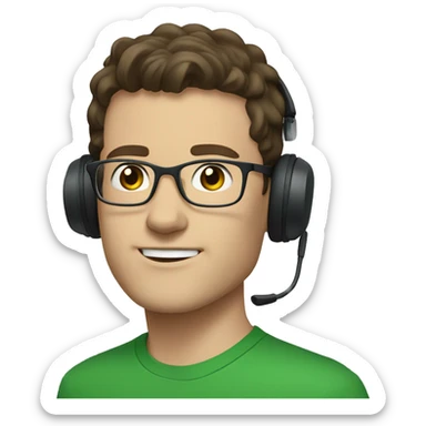 white young man with blue eyes and dark brown hair and square glasses wearing green t-shirt with headset sticker