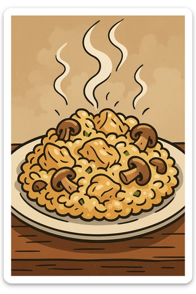 cartoon steaming plate of risotto with chicken and mushrooms, rustic Italian, exaggerated features sticker