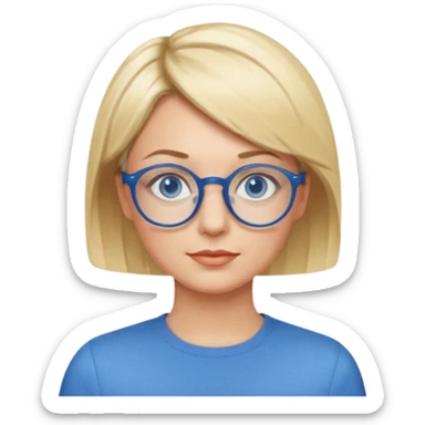 femme 40 ans cheveux courts garçon blond ave raie sur le coté, yeux bleu et lunettes rondes bleues sticker