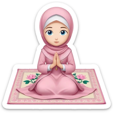 Turkish beautiful finish Konya girl blue eyes with powder pink color flower hijab long tail dress and sits on the pray mat namaz on the ground with dua  sticker