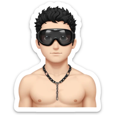 shirtless male athlete with white skin and moderately curly black hair on top with shaved sides, wearing black ski goggles with very dark heavily tinted black lenses that completely hide the eyes, and a simple plain black chain necklace, no earrings sticker