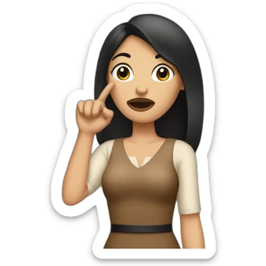A tall woman wearing brown dress with black hair and asking to keep quiet while putting her finger on her lips sticker