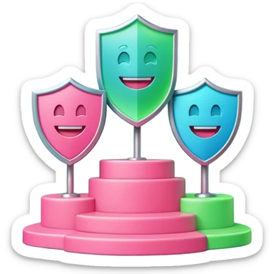 Minimalist 3D emoji-style podium with 2 steps on a green chroma key background. Step 1 (higher) features a handshake icon with blue neon glow. Step 2 (lower) features a smiling tooth with a shield icon and pink neon glow. Clean rendering, soft colors, uniform lighting. sticker