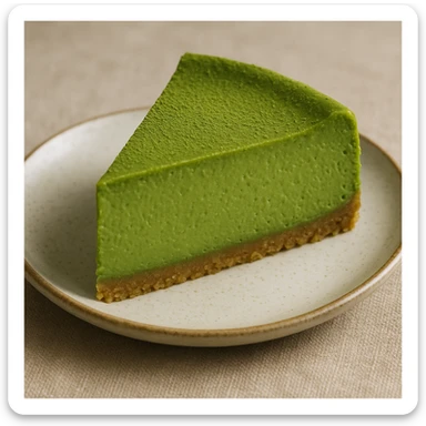 a slice of matcha cheesecake, vibrant green color, creamy texture, appetizing, on a small plate sticker
