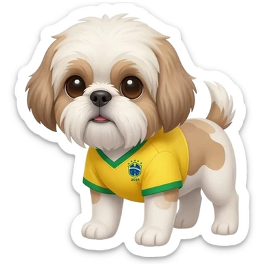 white and light brown shih zhu wearing a Brazil soccer jersey v neck 2026 work cup sticker