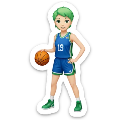 Full Body plus white female with short spike hair basketball player wearing blue green uniform smiling sticker