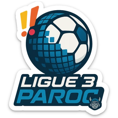 Le logo présente un ballon de football moderne, stylisé en forme de globe digital . Deux points d’exclamation "!!" dynamiques, en biais et colorés, sont placés en haut à gauche du ballon comme un emblème, évoquant l’intensité et l’enthousiasme de la ligue.

En dessous, le nom "Ligue 3 Paroc" est écrit en lettres audacieuses, avec une typographie sportive mais légèrement futuriste. Le mot "Paroc" est accompagné de son emblème discret (viking enfant) sticker