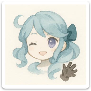 chibi style Gwen from League of Legends, only head, right eye purple, one hand waving with glove, smiling and energetic, watercolor style sticker