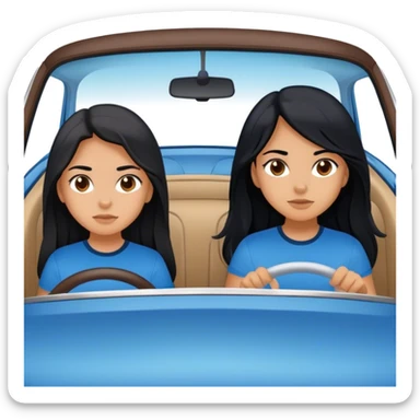 On highway Two girls both with black long hair brown eyes different one with a blue shirt one with a black shirt in a white car driving to a destination sticker