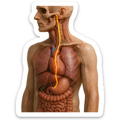 realistic 4K image of human body with vagus nerve highlighted, precise anatomical details, visible path of vagus nerve from skull to main organs, natural colors, transparency effect showing internal organs, clinical atmosphere, neutral background sticker
