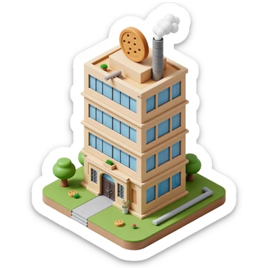 Outside view of a skyscraper-style cookie factory, multiple floors with glass walls, rooftop steam vents, vertical pipes running along the building edges, cookie logo on top, emoji-style sticker