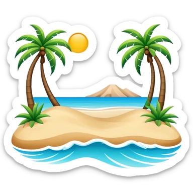 Sanya tropical beach Hainan Island with palm trees, simplified emoji style with bold outlines and bright colors, cartoon style beach with blue water sticker