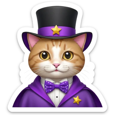 A magician cat in a top hat, a bowtie and a purple cape with stars sticker