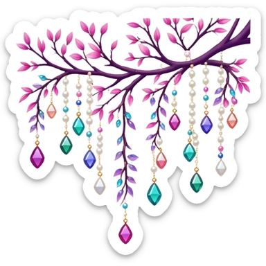 Exotic colorful romantic Few cute tiny Iridescent glistening glossy sparkly shiny glittery hanging crystals pearls and beads and gemstones scenery scenic decorations with branches and flowers sticker