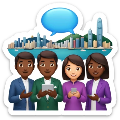 A group of Pakistani people sitting around and sharing knowledge, with talking bubble of Hong kong scenary in it sticker