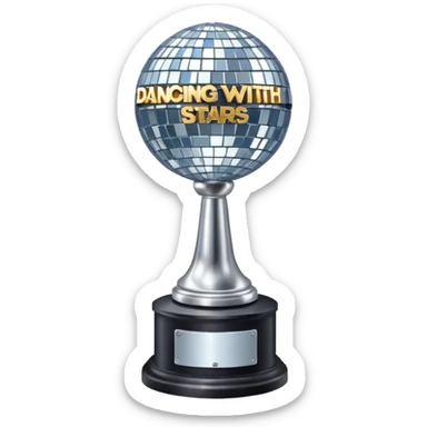 Tall Competition trophy with a silver disco ball on top that says “Dancing With The Stars” sticker