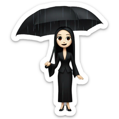 Morticia Addams at a rainy funeral under umbrella  sticker